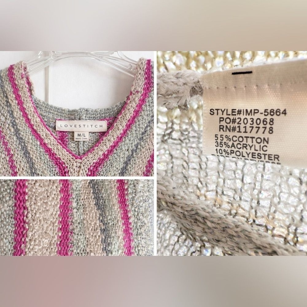 Lovestitch Striped Knit Hoodie Sweater Grey Magenta Boho V-Neck IMP-5664 ML‎ - Picture 5 of 5